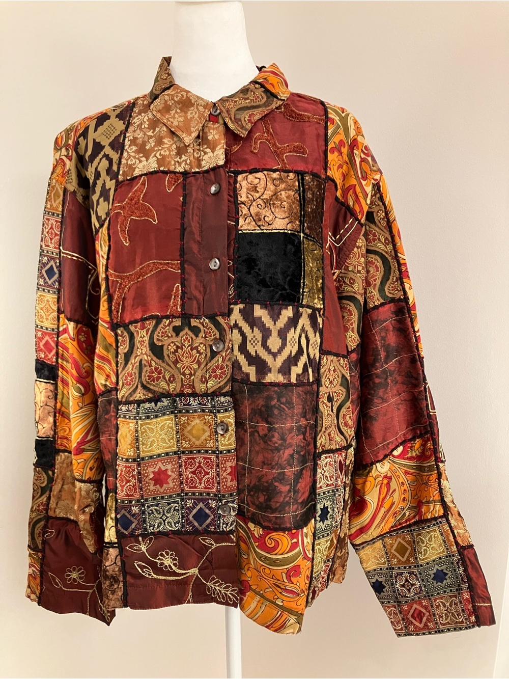 Chico's Patchwork Quilted Shirt Jacket in Burgundy, Gold & Black